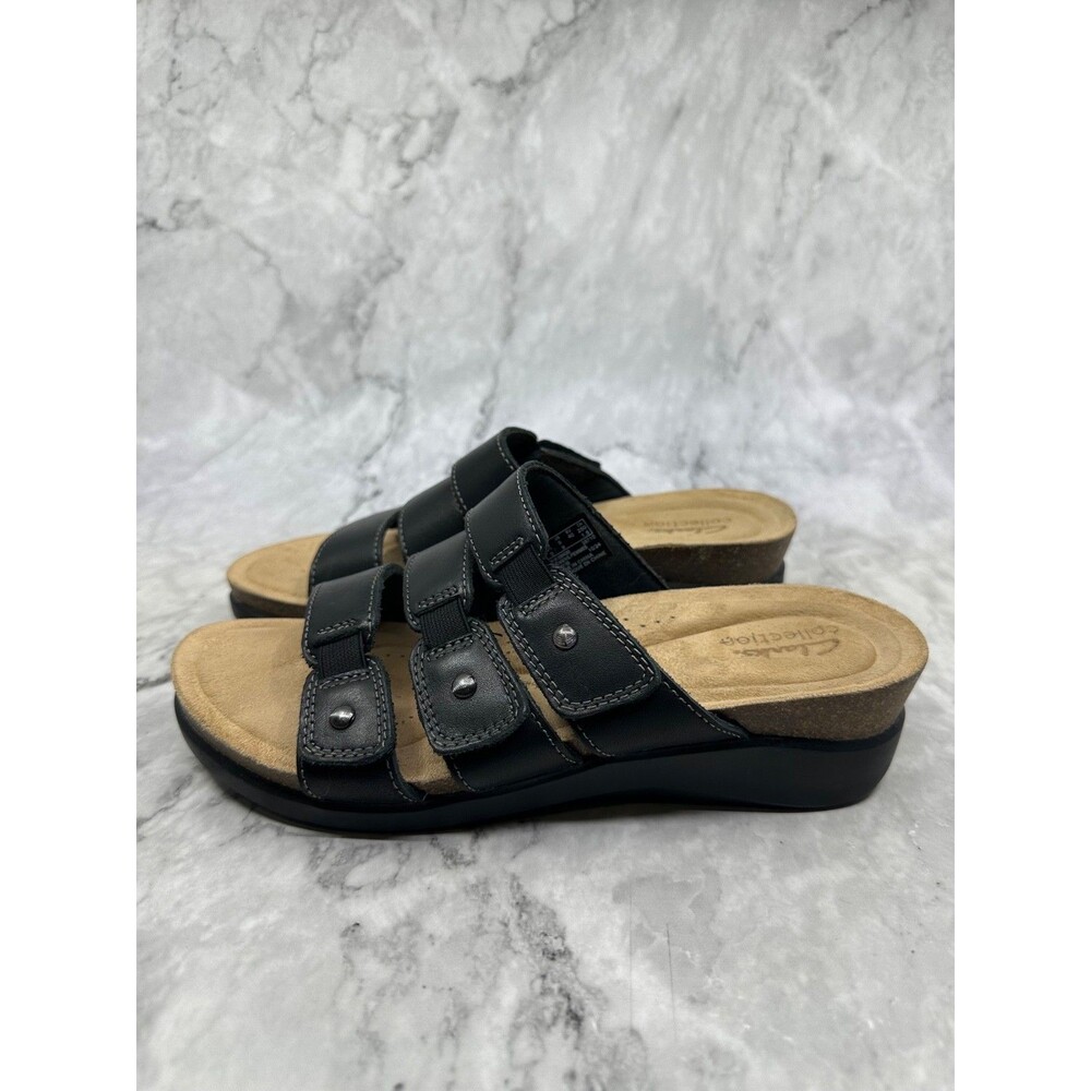 Clarks Calenne Clara Black Leather Strappy Wedge Sandals Women's Size 9 M EU 40